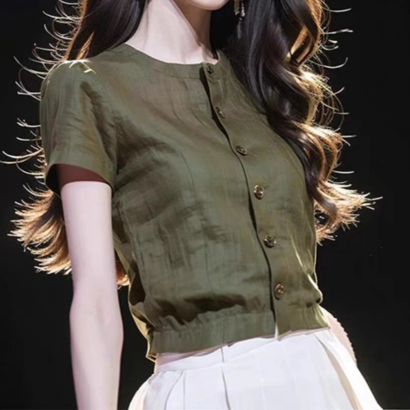冷淡系短款洋气绿色衬衫上衣女夏季法式掐腰气质轻薄开衫衬衫短袖