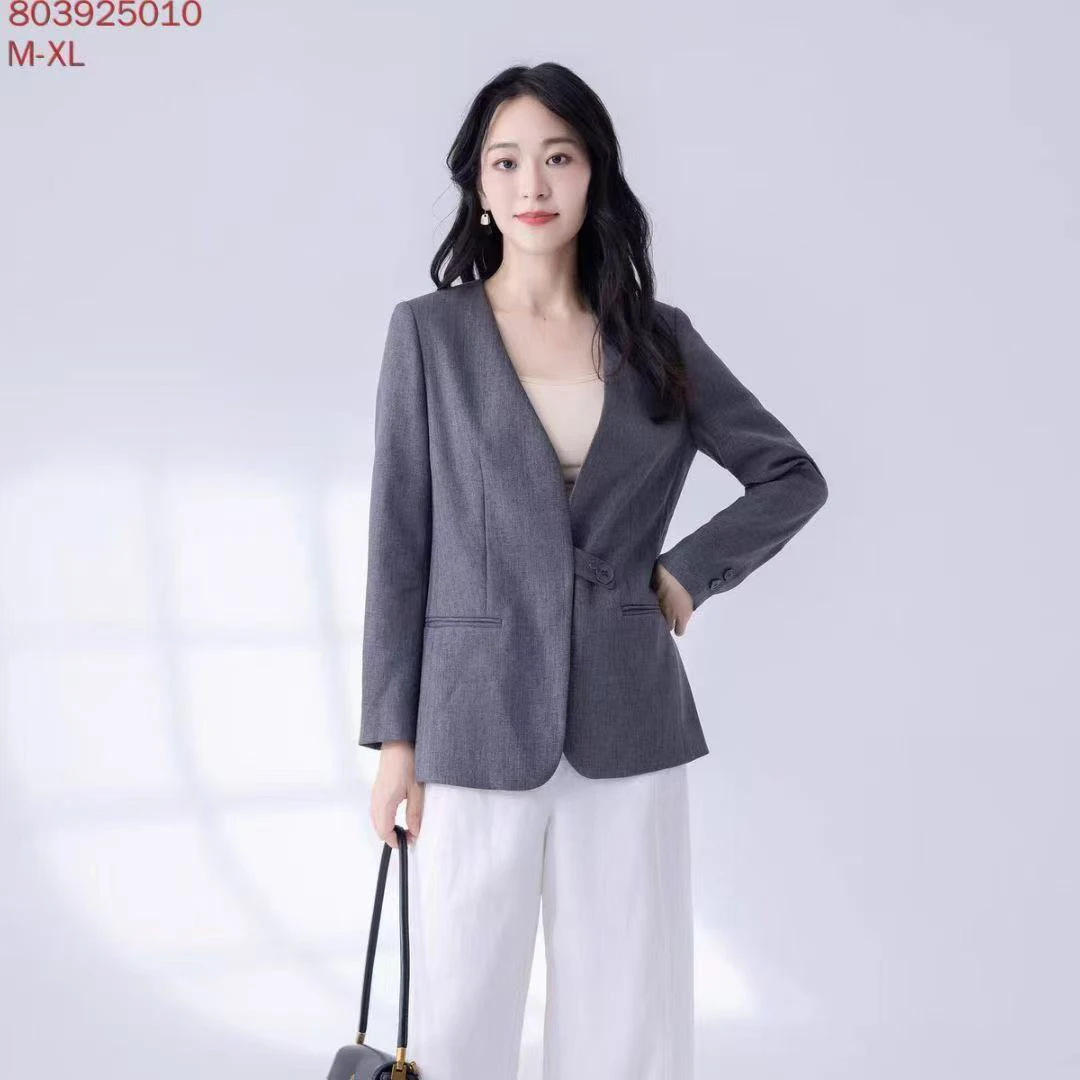 秋季女士灰色无领长袖时尚气质休闲通勤西装外套