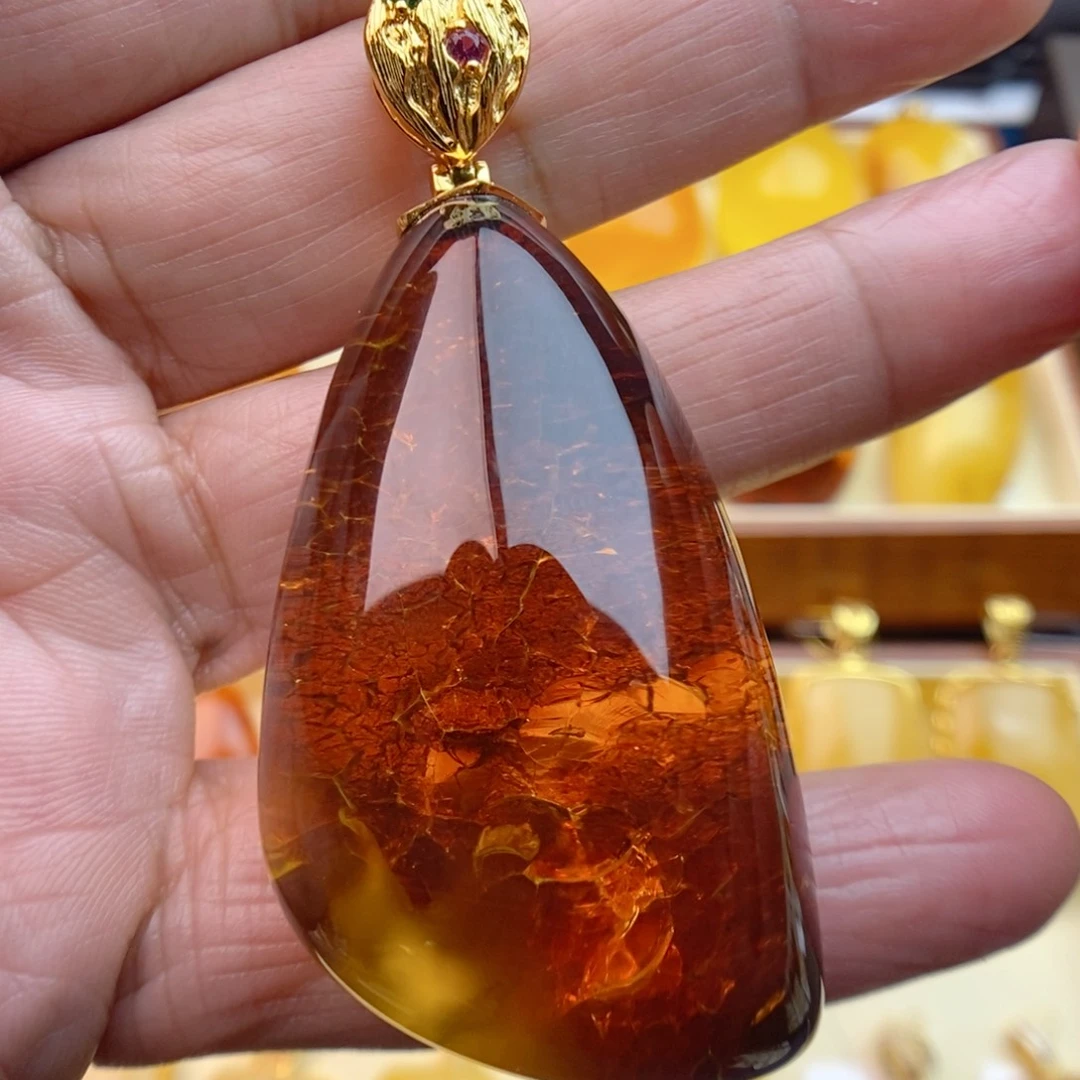 琥珀颈饰银S925镀金镶嵌