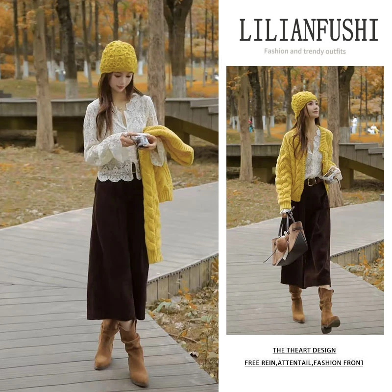 时尚穿搭2025秋季新款百搭蕾丝上衣宽松针织开衫显瘦阔腿裤三件套