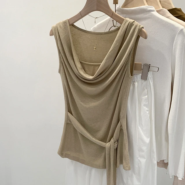 独特漂亮设计感假两件荡领无袖T恤女夏2025新款收腰系带背心上衣
