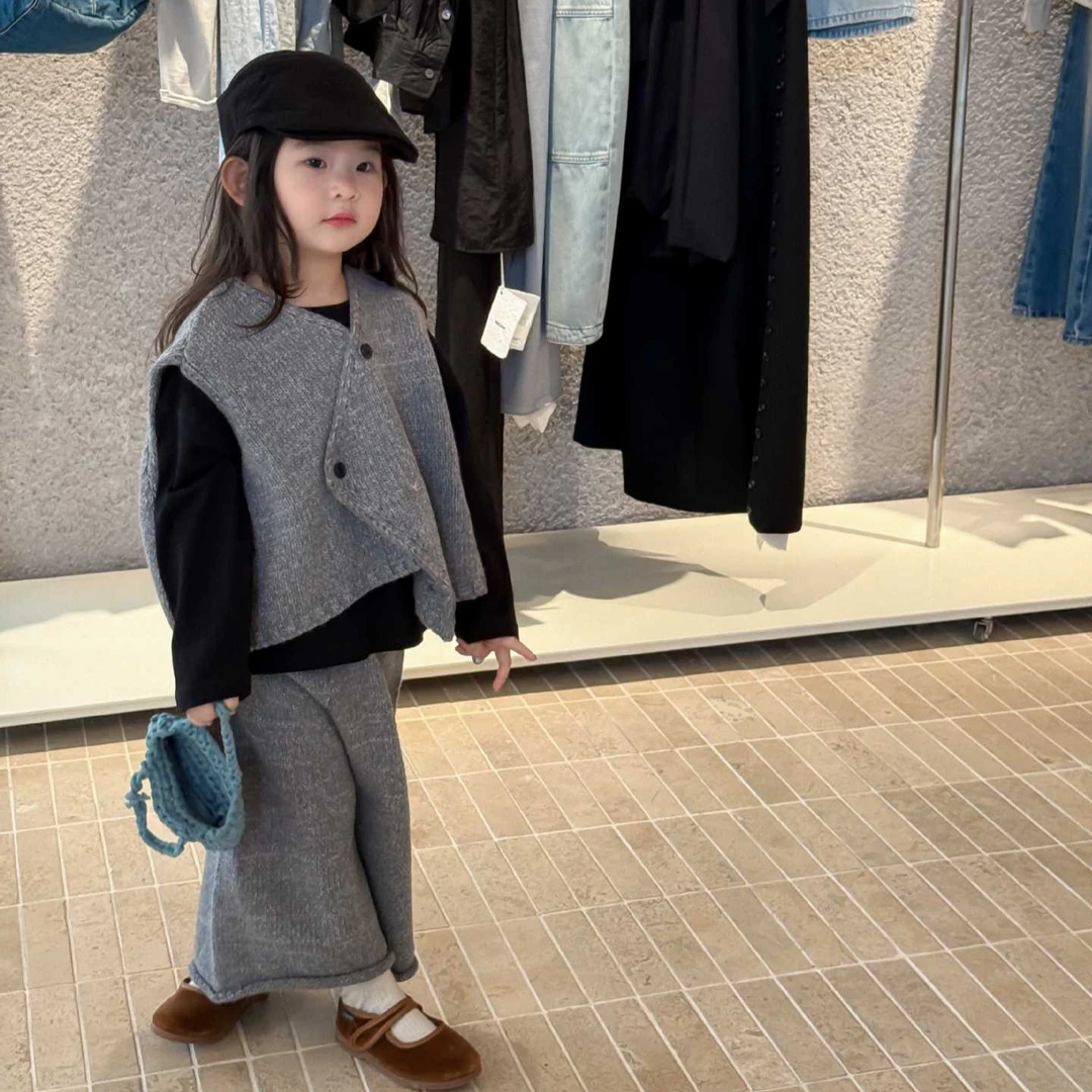 2025秋季新款韩版童装女童时尚慵懒风毛线不规则马甲+阔腿裤 套装