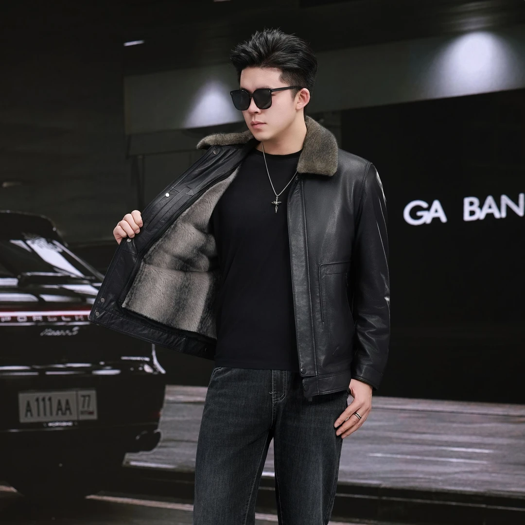 加绒加厚牛皮男士时尚休闲真皮皮夹克秋冬休闲短款皮衣保暖翻领