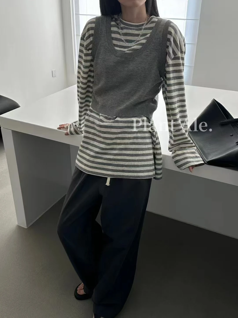 春季极简风长款OVERSIZE撞色条纹T恤 休闲宽松慵懒感遮屁股长袖