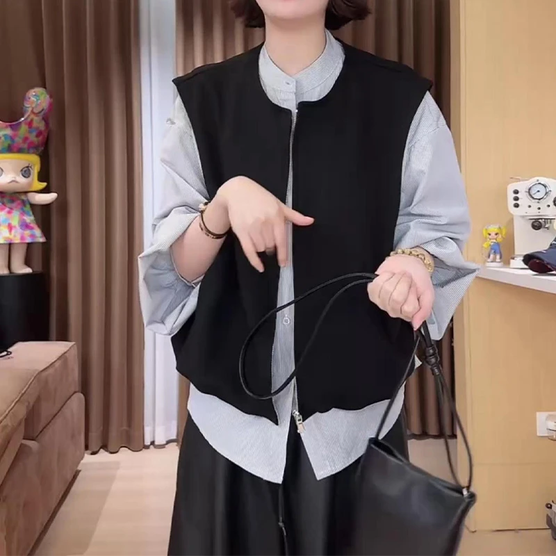 2025秋季新款假两件拼接叠穿无袖马甲上衣时尚百搭休闲长袖衬衫女