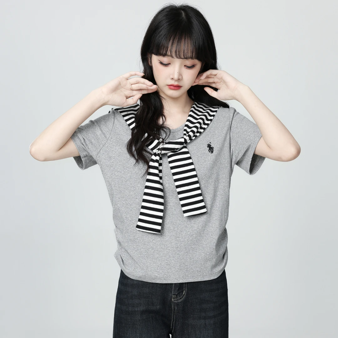 灰色条纹披肩短袖T恤女2025夏季新款学院风刺绣体恤韩系chic上衣