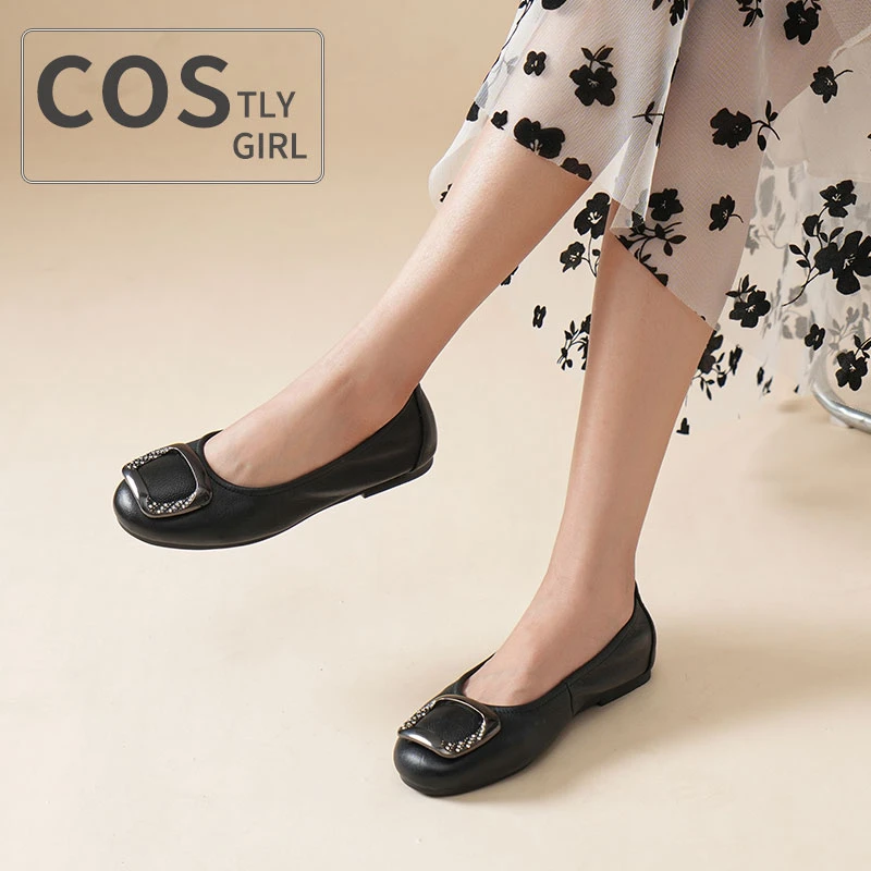 COSTLYGIRL妈妈鞋软底女舒适真皮单鞋平底防滑中老年女鞋豆豆鞋