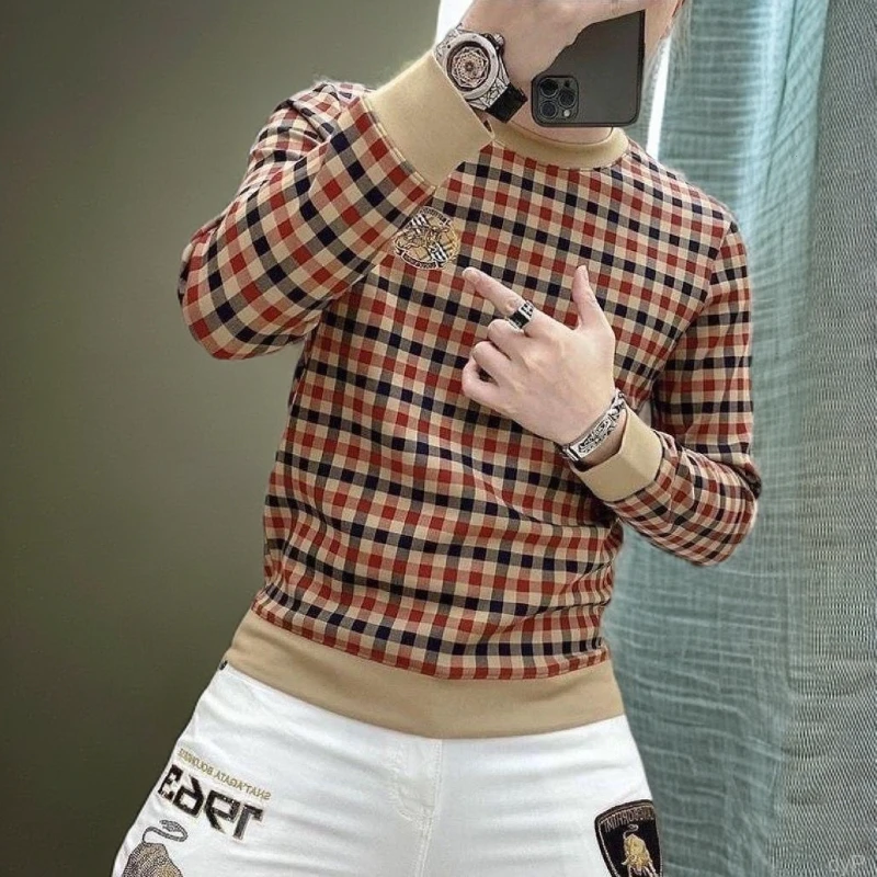 NYING欧洲站秋冬高档卫衣男士T恤加绒格子刺绣上衣套头打底衫