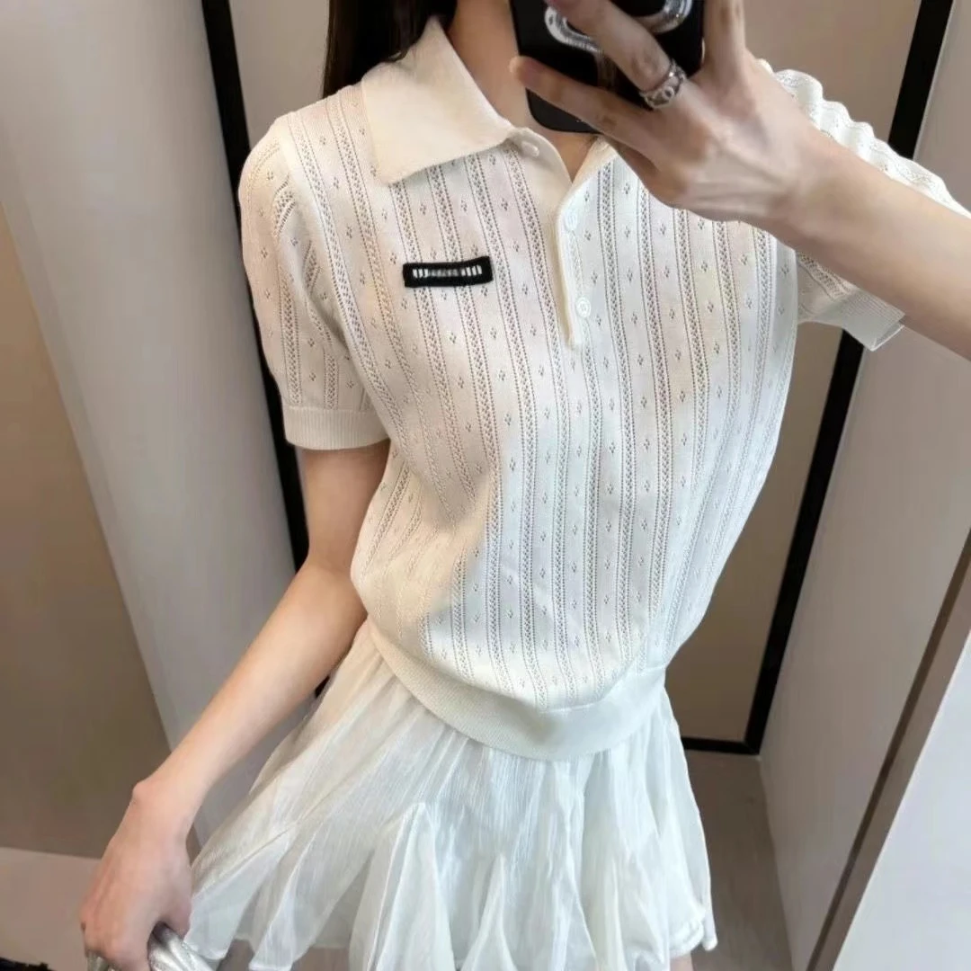 学院风miu系翻领镂空针织polo衫夏季字母减龄修身显瘦短袖上衣女
