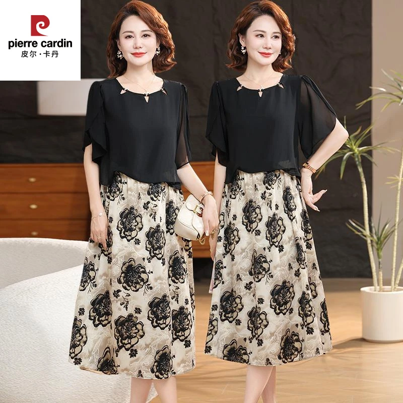 皮尔卡丹妈妈夏装短袖连衣裙2025新款气质雪纺裙子中老年女装夏季