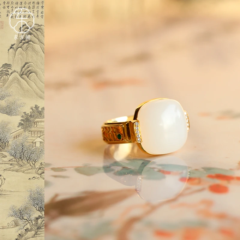 东方俪DOFUNLY【柳初曲】和田玉方形18K金戒指设计款WYJZ浮岚