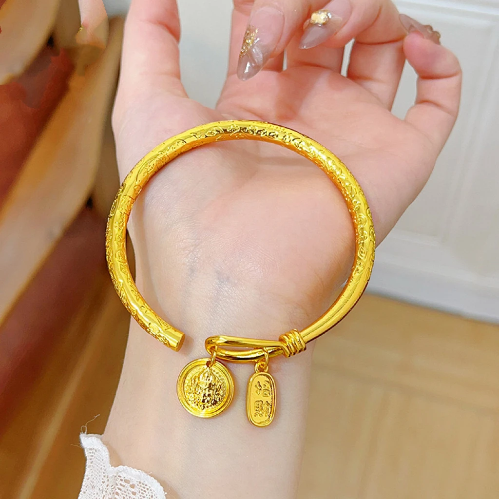 铜合金手镯 国风吉言竹节黄财神手镯素圈光面高档实心手镯