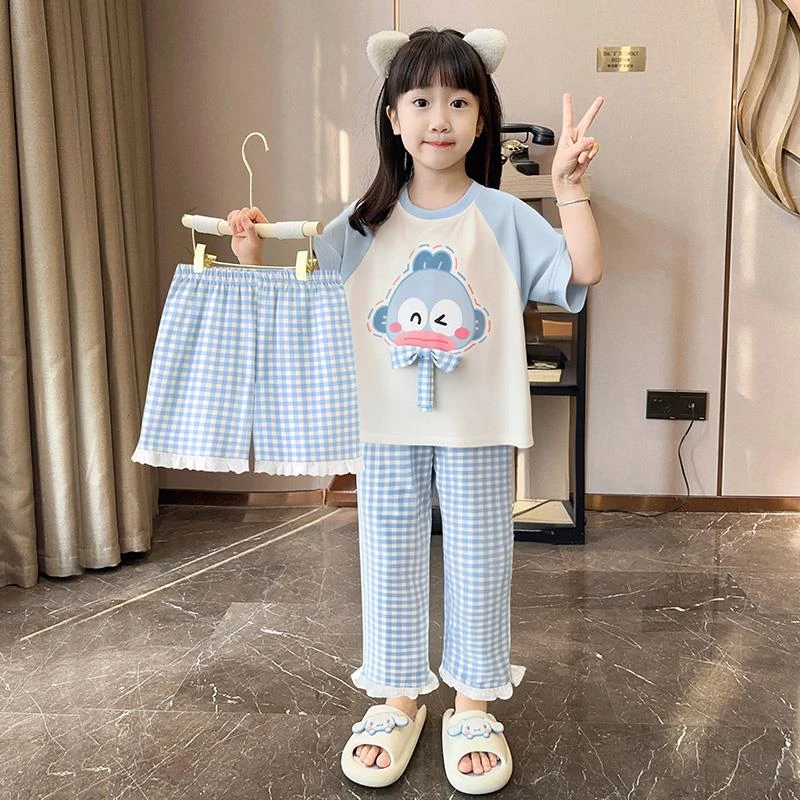 女童睡衣夏季三件套儿童2025新款夏款纯棉短袖长裤女孩家居服春装