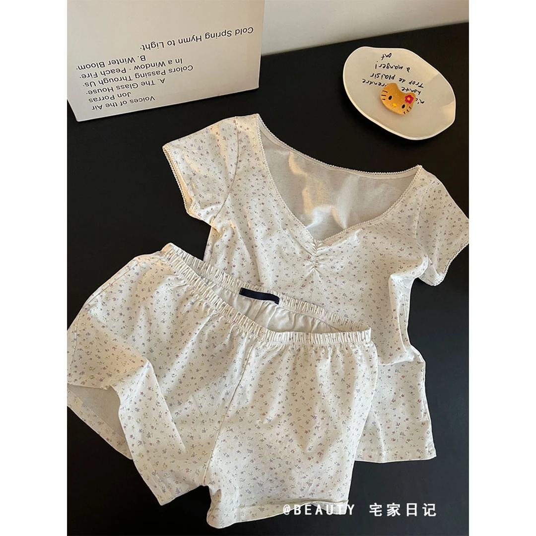 法式甜美碎花短袖睡衣女夏季2025新款可出门短裤套装大码家居服夏