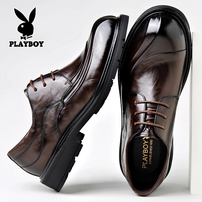 花花公子男士皮鞋真皮商务正装宽脚大头内增高结婚新郎休闲鞋棕色