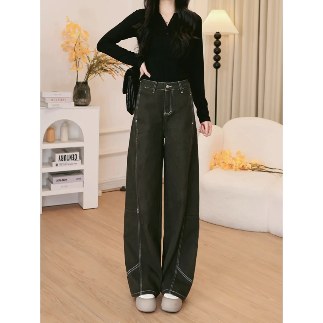 松林绿秋季新款高腰无弹牛仔裤女韩版休闲时尚百搭显瘦修身弯刀裤