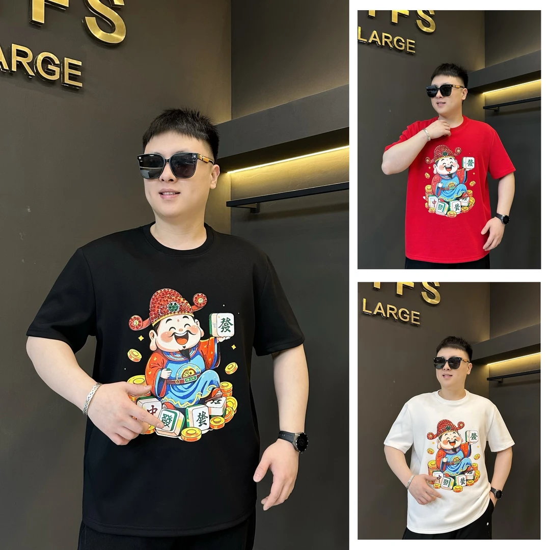 【年款】胖语大码男装 定制年款财神到重工彩绘嵌钻休闲短袖78901#S