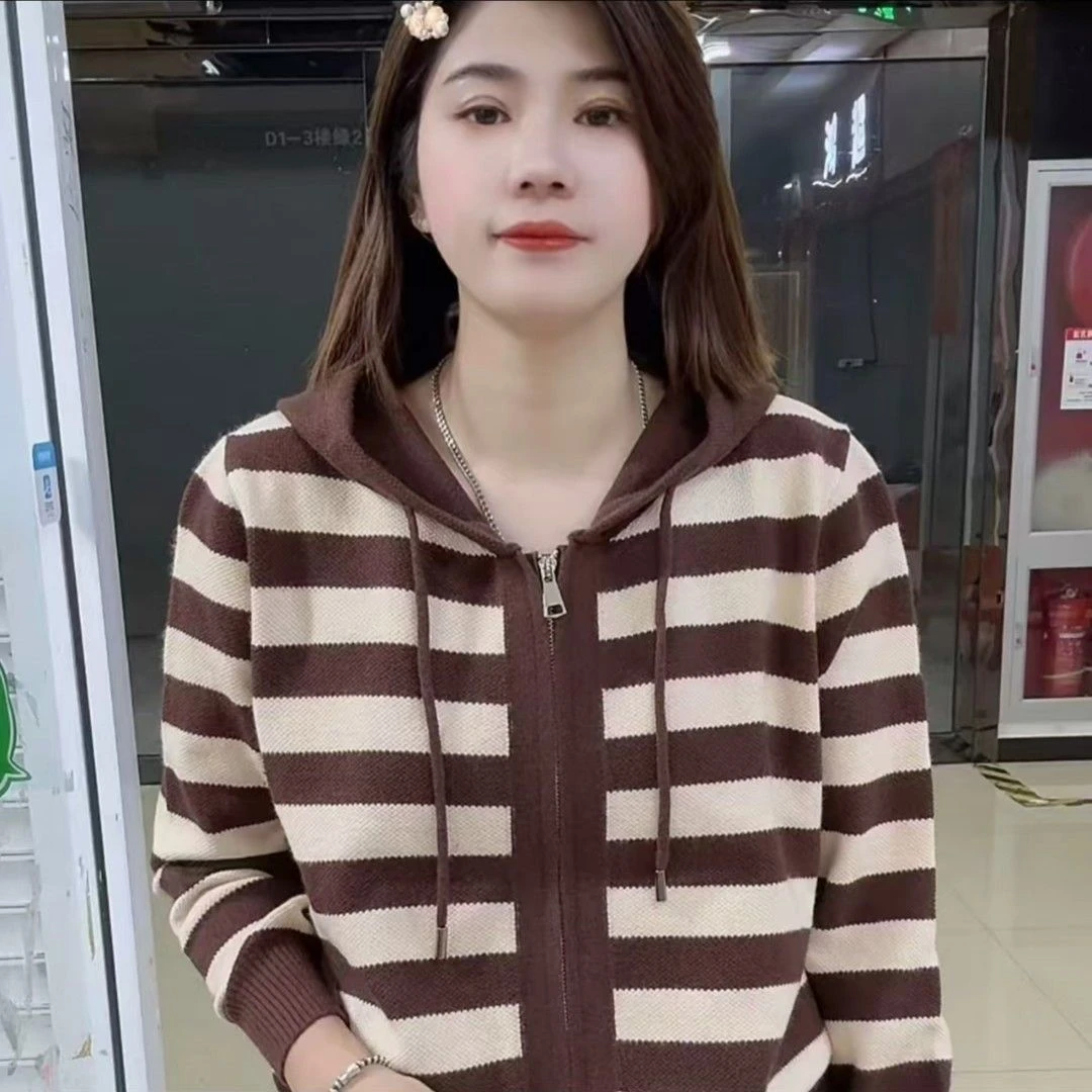 2025秋季网红爆款时尚百搭条纹简约风休闲通勤连帽针织拉链外套