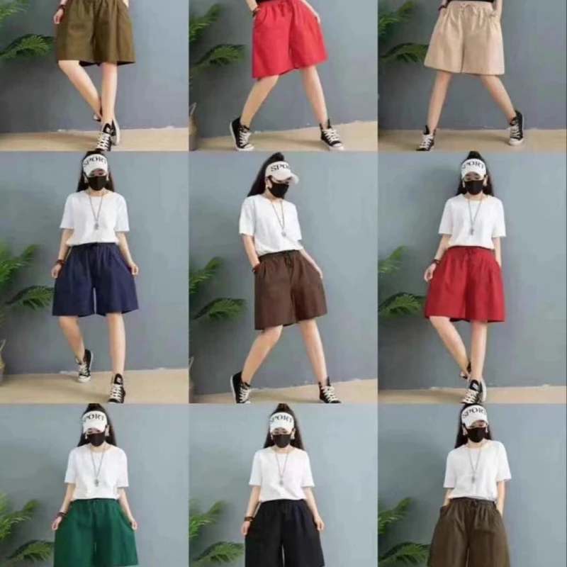 52cm 复古文艺夏季简约百搭显瘦腰头松紧抽绳纯色大短裤女LX 2010
