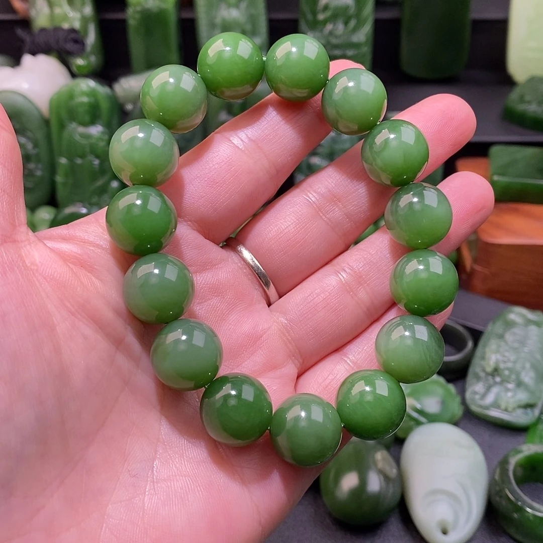 和田玉（碧玉）阳绿14mm手串未镶嵌