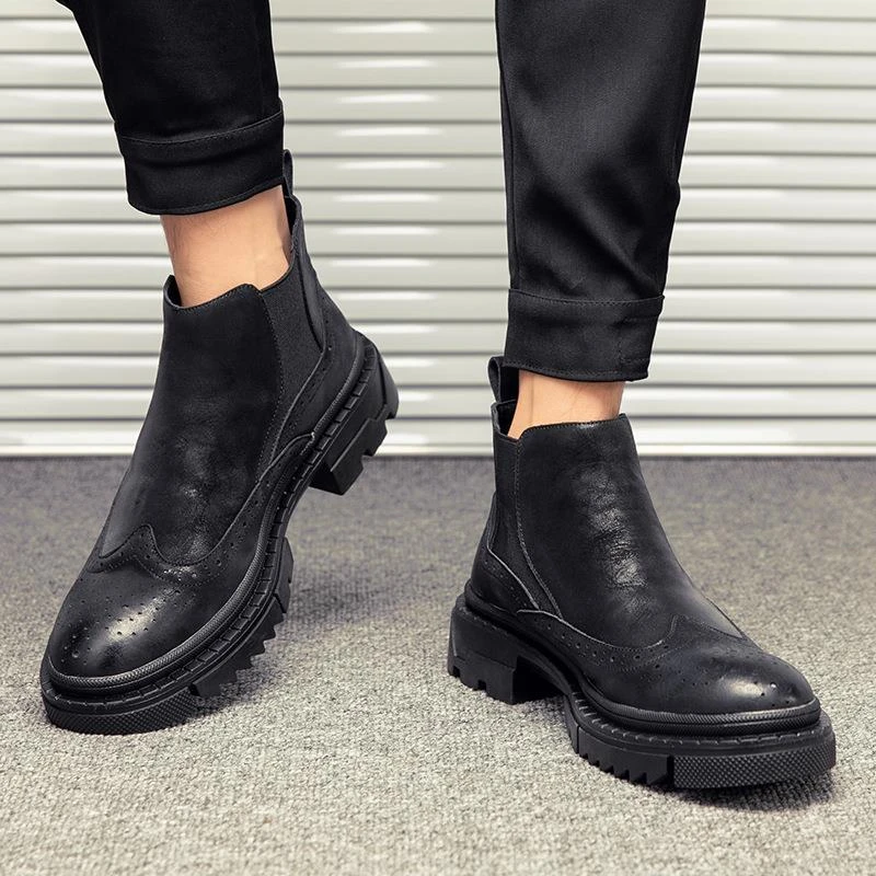 切尔西靴男英伦风复古马丁靴高筒潮流夏秋靴子高档布洛克中邦皮鞋