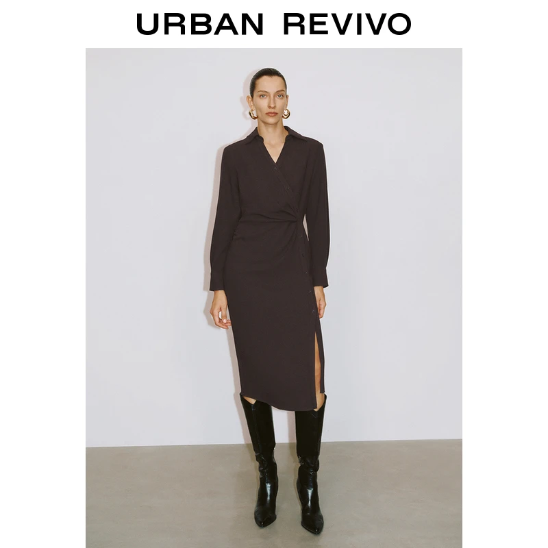UR2025秋季新款女设计感捏褶斜裁式纽扣长袖连衣裙UWM750007