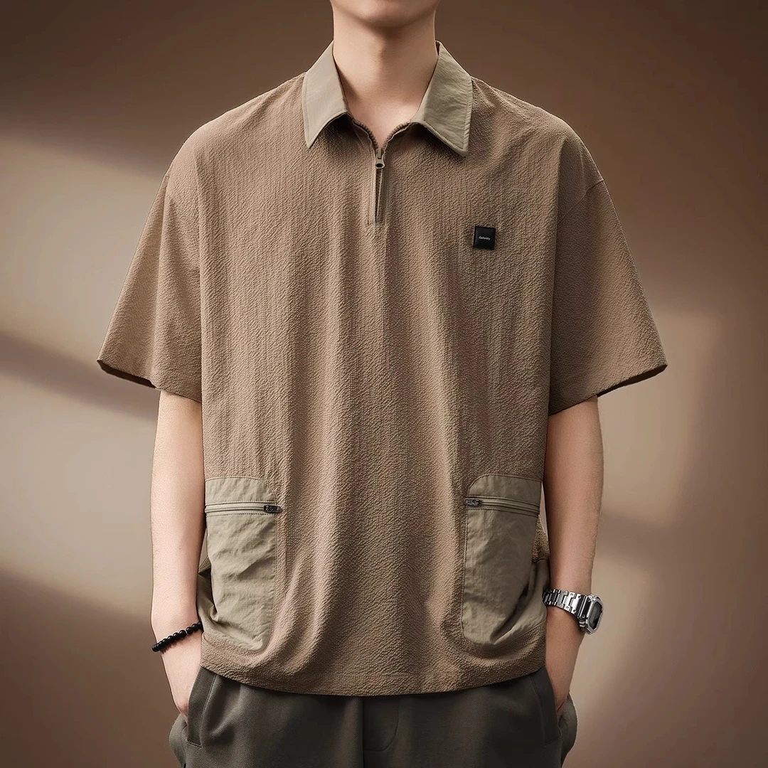 高端冰丝凉感翻领短袖Polo衫男速干工装T恤男拉链口袋宽松夏季