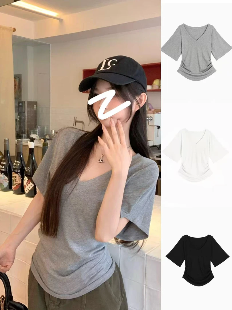 大码纯欲正肩v领短袖t恤女夏季胖mm收腰修身设计感短款不规则上衣