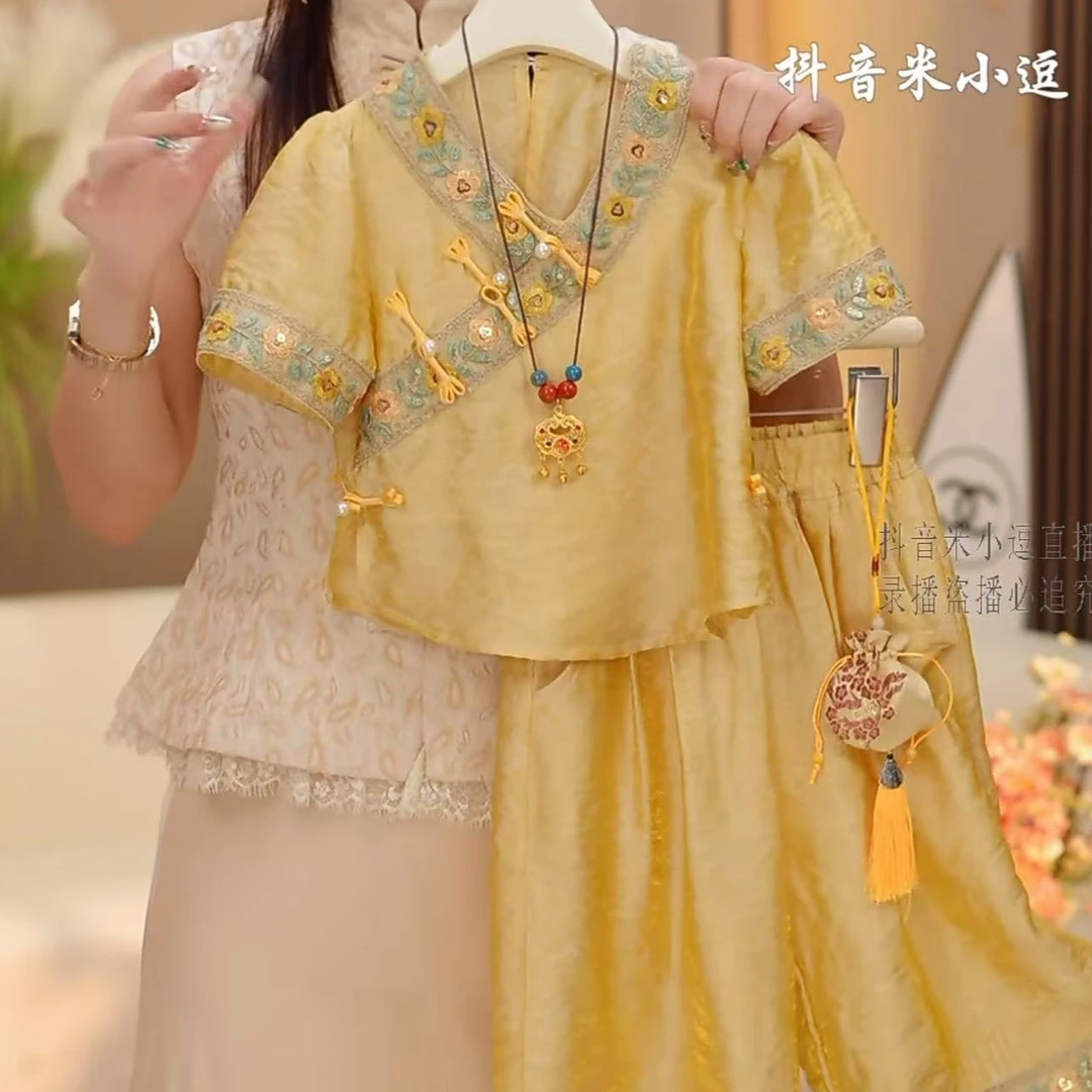 【米小逗】女童2025年夏季新款国风套中式复古刺绣气质凉快时髦k121