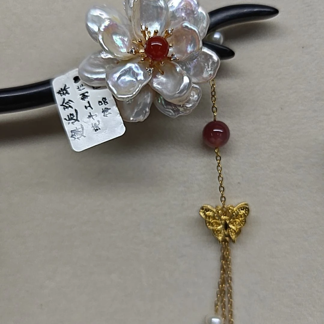 铜合金超美山茶花带流苏发簪