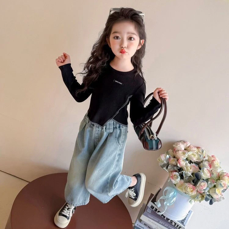 女童韩版牛仔裤2025春季新款宝宝洋气宽松阔腿裤儿童网红潮流长裤