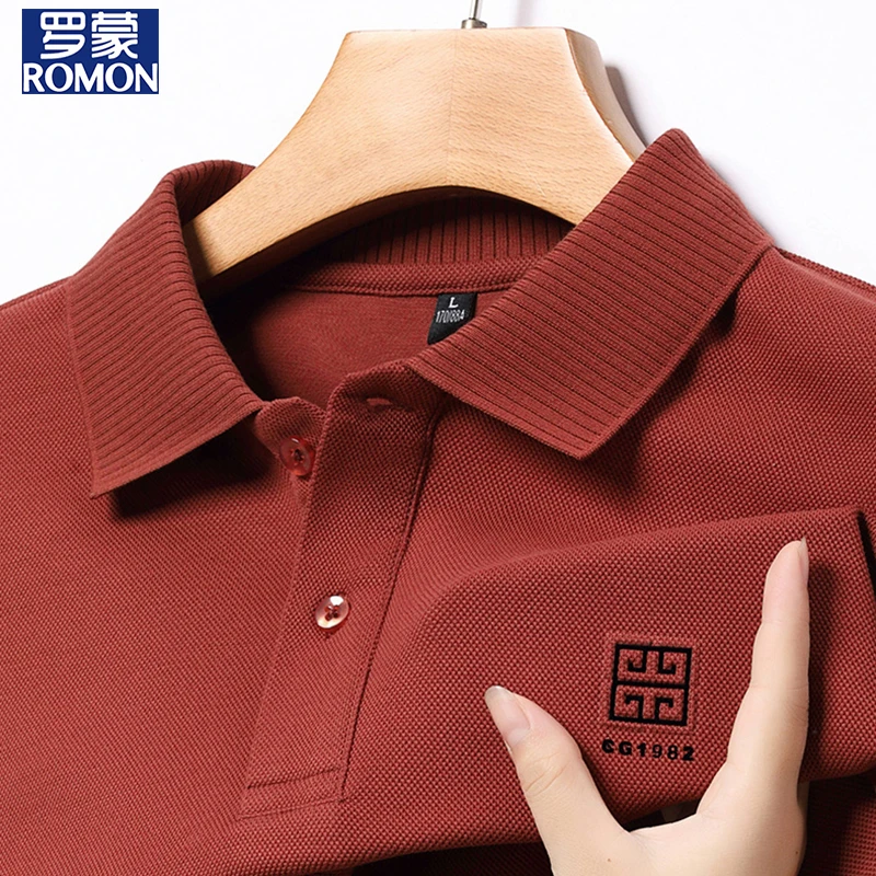 罗蒙100%纯棉男士长袖t恤翻领高端polo衫春季新款商务休闲打底衫