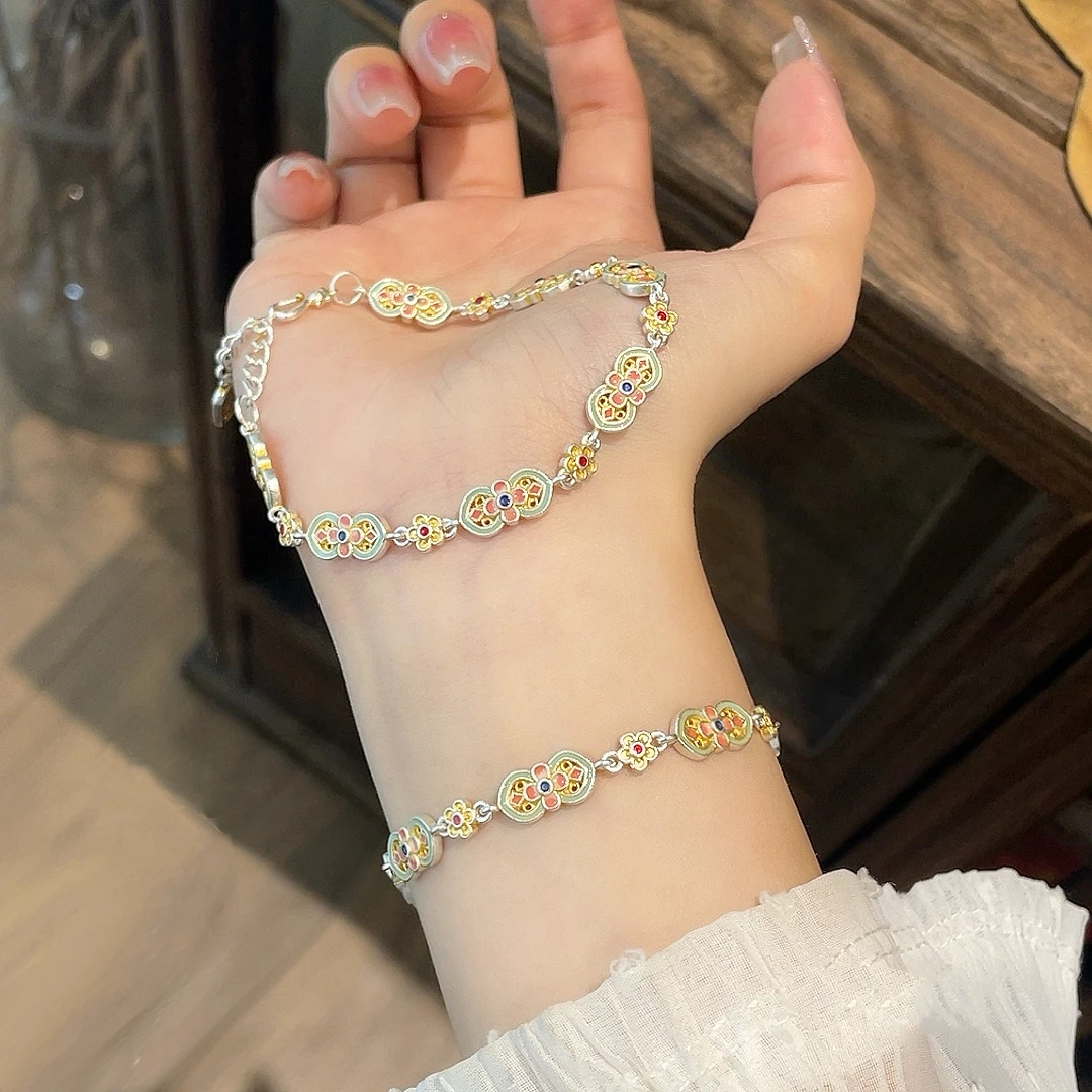 足银银制品 足银999新中式复古描金珐琅彩珐琅银金色手链手工首饰