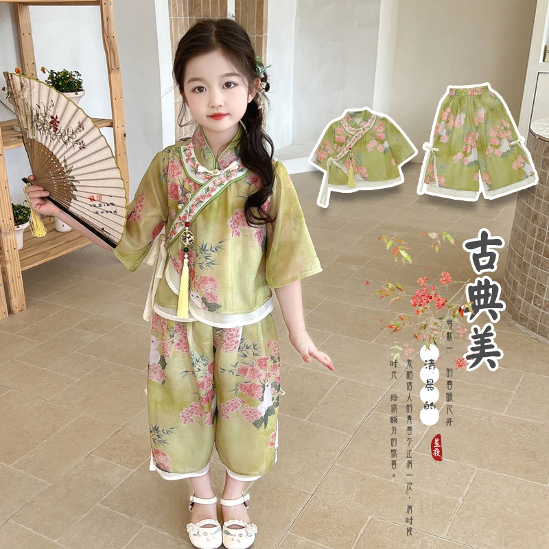 汉服女童2025新款国风儿童日常可穿唐装小女孩新中式短袖套装夏季