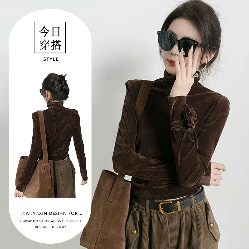 高端轻奢复古丝绒T恤秋冬今年流行的漂亮立体花朵长袖打底衫上衣