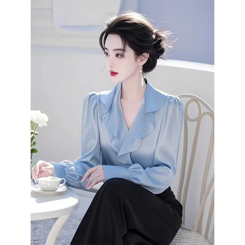 2025年春季法式独特绝美小上衣高级感轻奢减龄洋气蓝色荷叶边衬衫