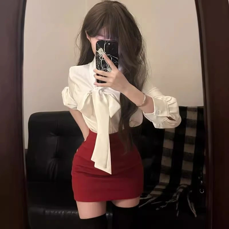 法式香风气质甜美衬衫设计感长袖女春季新蝴蝶结宽松百搭通勤上衣