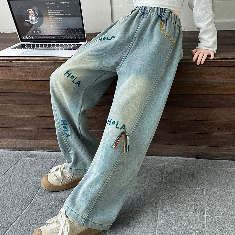 女童春秋装牛仔裤8-15岁女孩洋气春装字母印花阔腿裤初中生休闲裤