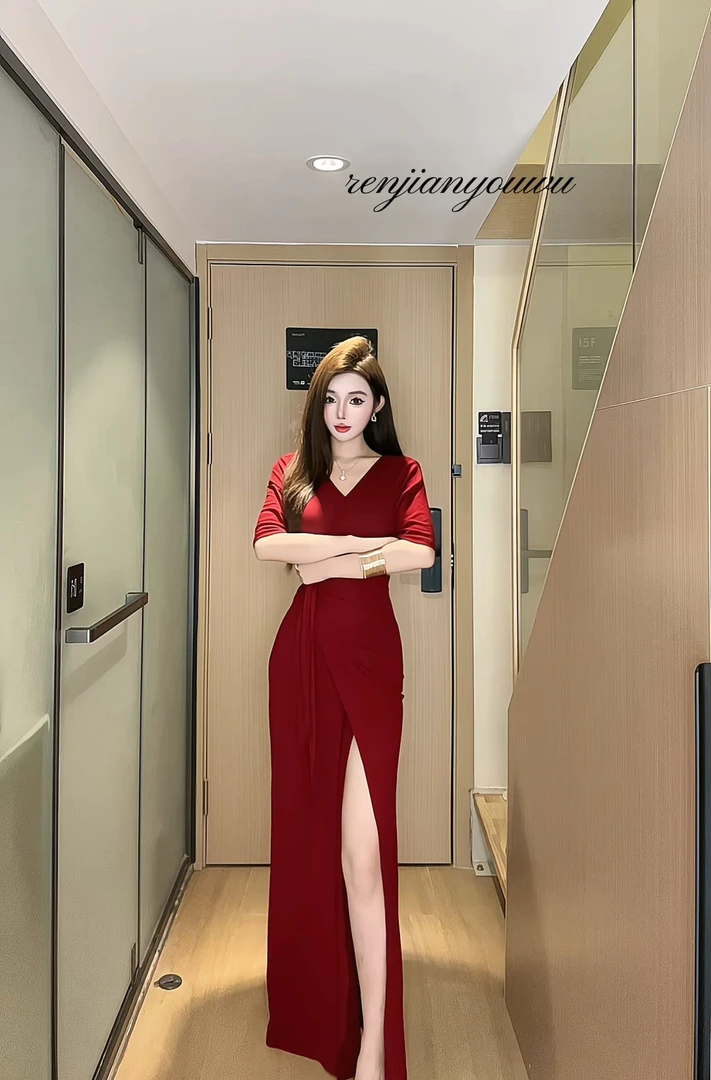 No.5高级感V领绑带收腰连衣裙女设计感短袖秋季性感开衩裙子7036#