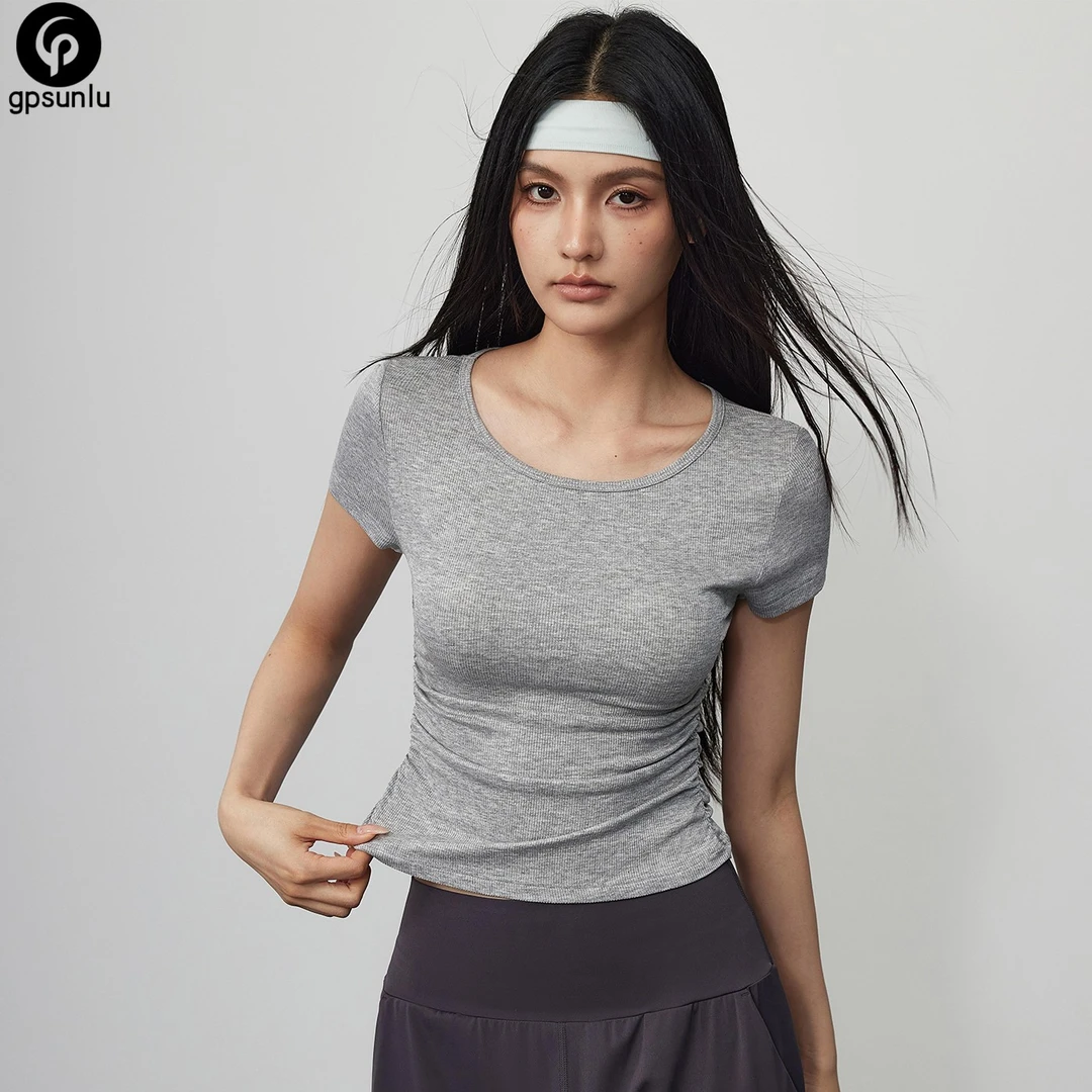GPSUNLU瑜伽服女夏正肩收腰罗纹短袖运动T恤跑步健身服紧身上衣