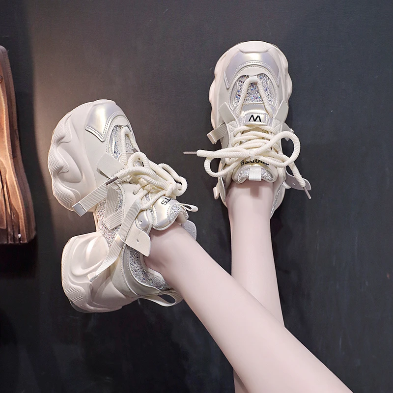 【春季新款】网红时尚亮片运动老爹鞋女百搭厚底显脚小学生休闲鞋子