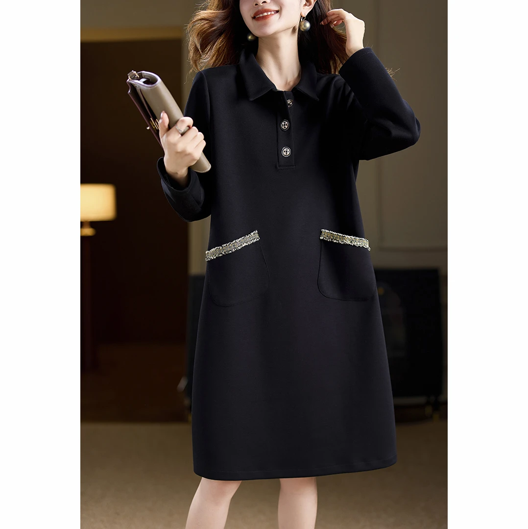 休闲亮丝黑色翻领连衣裙女2025年早秋新款时尚大码宽松显瘦中长裙