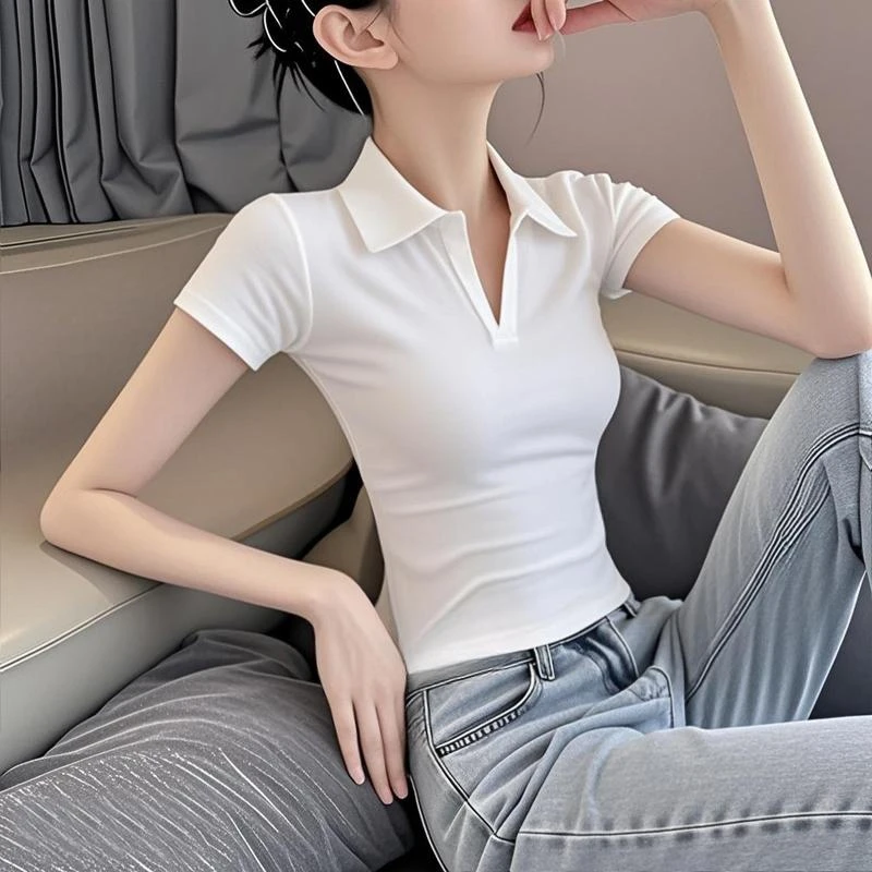欧货白色正肩polo领短袖t恤女夏季新款韩版齐腰百搭修身翻领上衣