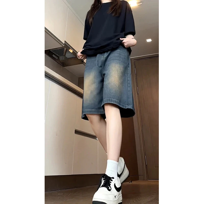 黄泥水洗做旧牛仔短裤男夏季冰丝薄款直筒五分裤美式简约百搭短裤