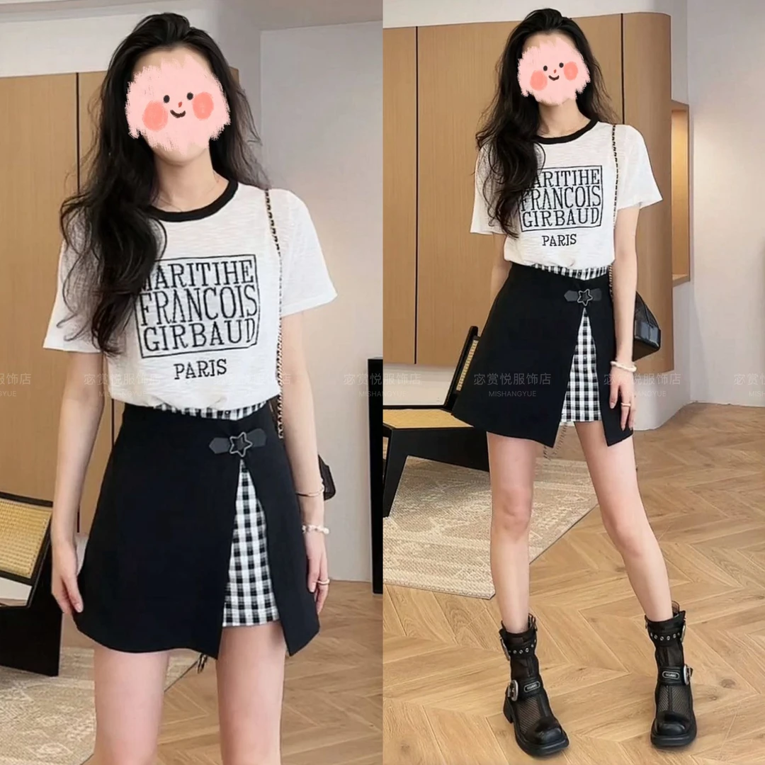 2025夏季时尚洋气薄款针织短袖T恤上衣显瘦百搭假两件裙裤套装女