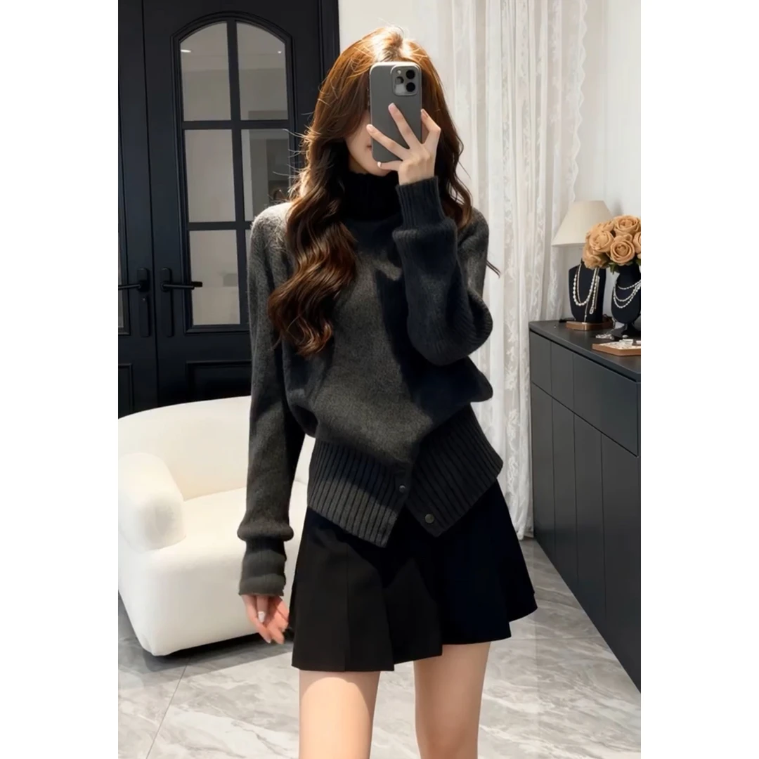 韩系巨好看穿搭高领毛衣女秋冬2025新款高级感加厚针织上衣两件套