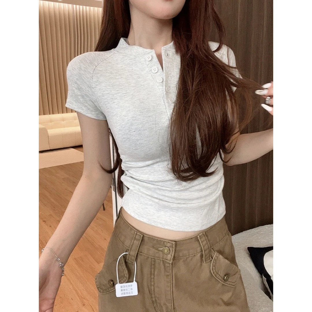 插肩袖半开领修身短袖T恤纽扣设计辣妹露脐短款上衣-T2851