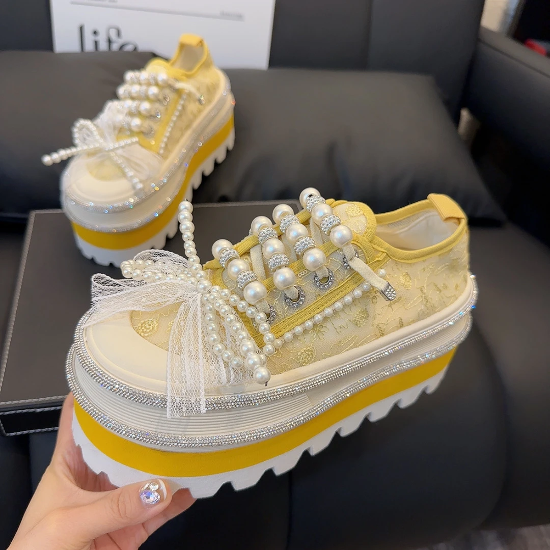 欧货重工蕾丝网串珠厚底松糕鞋女夏小个子增高透网鞋休闲小白鞋潮