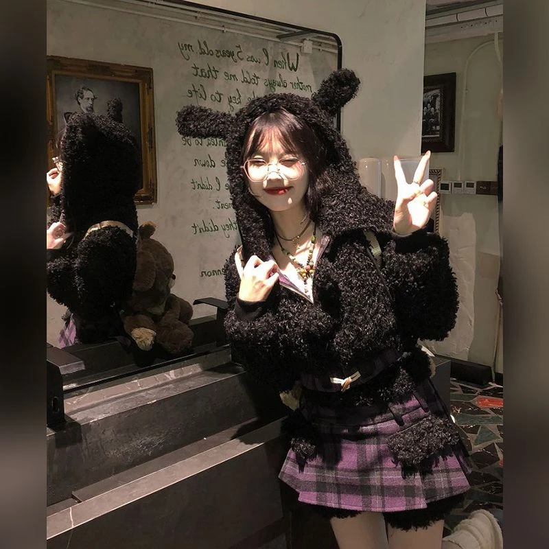 冬季新款毛毛兔耳短外套+拼接设计感半裙套装两件套~