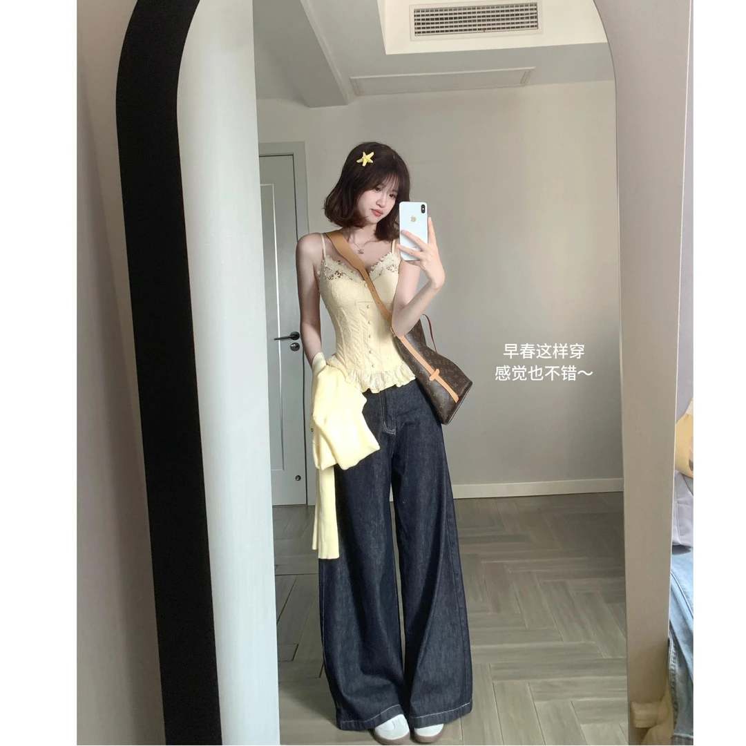 性感纯欲风v领蕾丝拼接吊带背心上衣女搭配百搭宽松阔腿裤套装潮